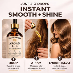 Wrath & Remedy argan oil with frizz control in daily routine for hair.