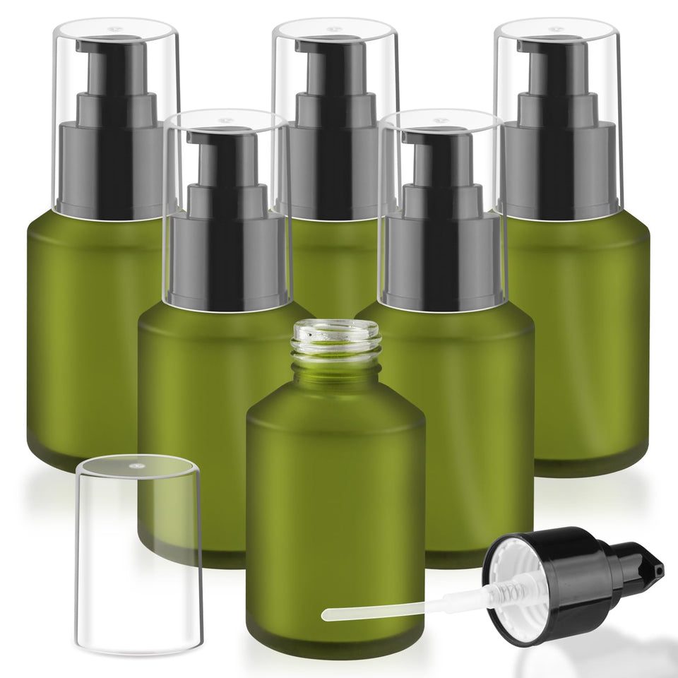 Wresty six-pack glass pump bottles for lotions, leak-free and portable.