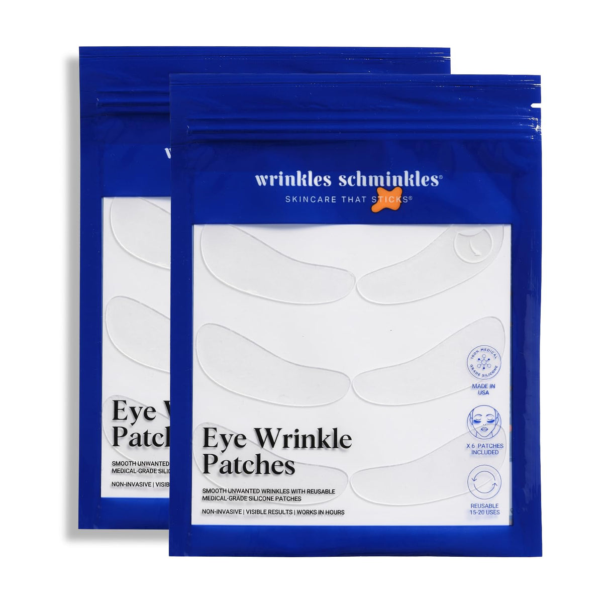 Wrinkles Schminkles under-eye patches in packaging close-up for premium overnight treatment.