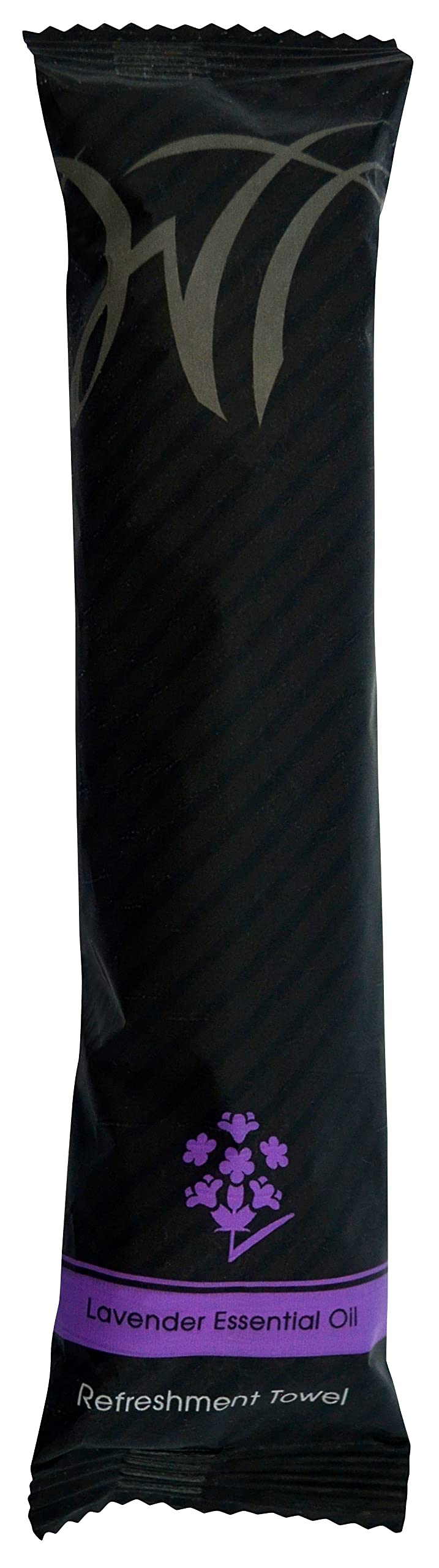 WT White Towel Services Lavender 8x8 moist towel for travel refreshment and hospitality.