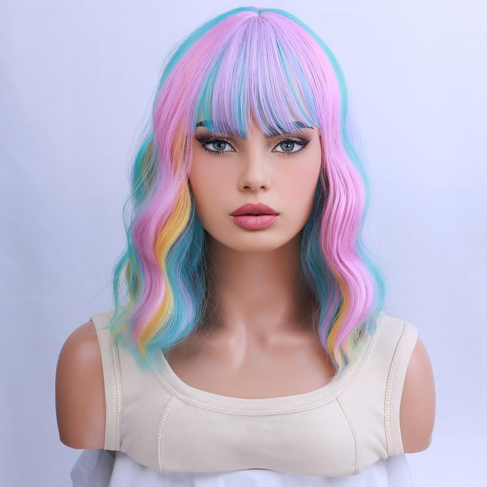 WTHCOS Rainbow Wig short bob bangs for daily wear with bright color