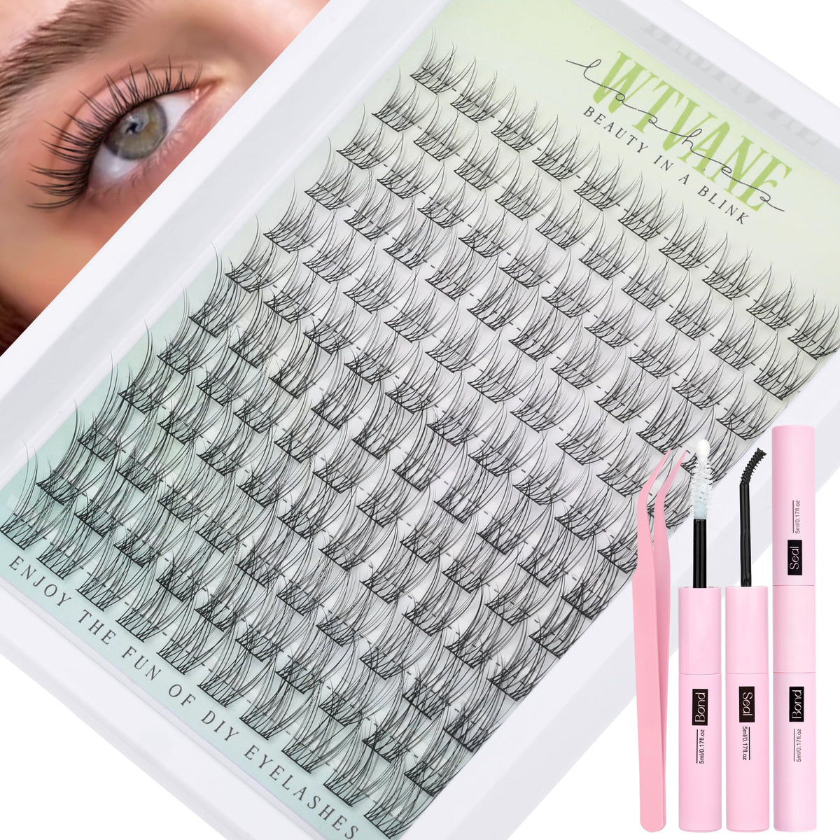 WTVANE lash clusters kit 10-16mm for natural, DIY lash extensions.