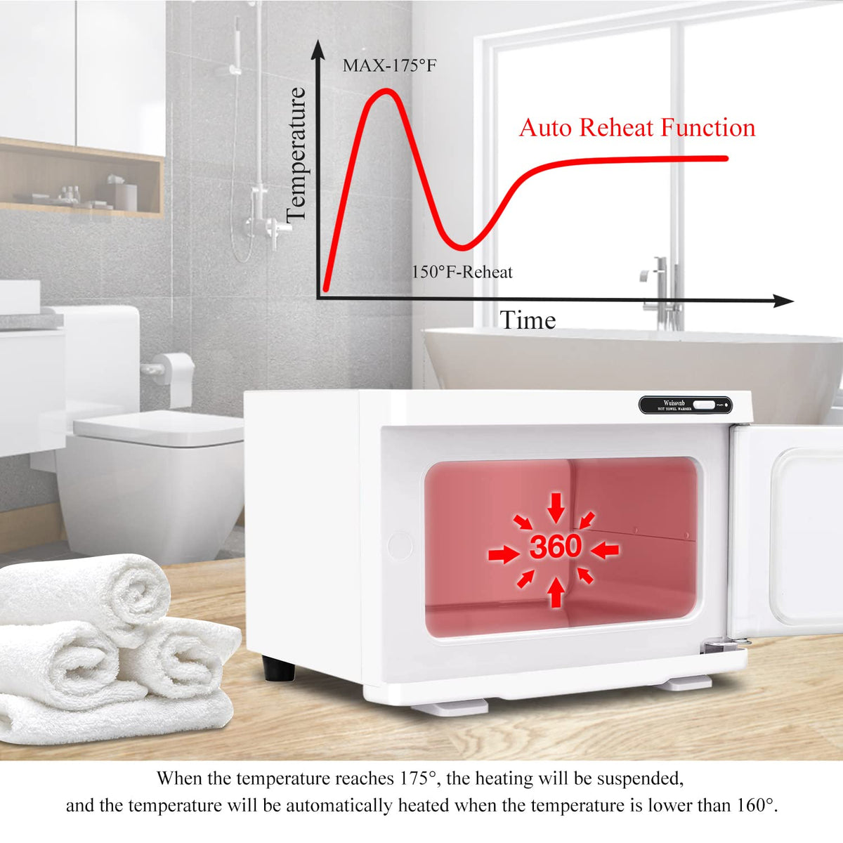 Wuissvnb towel warmer cabinet auto-warm function demonstrates temperature control.