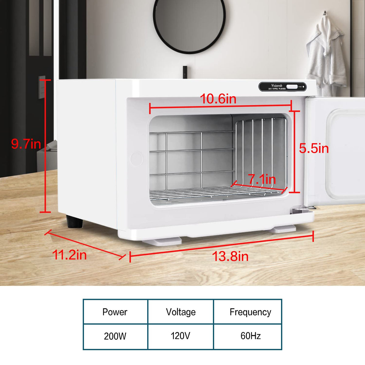 Wuissvnb towel warmer cabinet side view highlights sleek salon-ready silhouette.