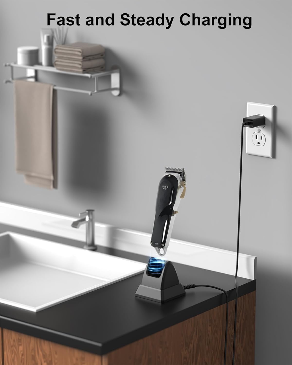 WUKUR Wahl charging stand desk setup, tidy salon workspace