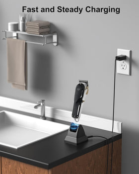 WUKUR Wahl charging stand desk setup, tidy salon workspace