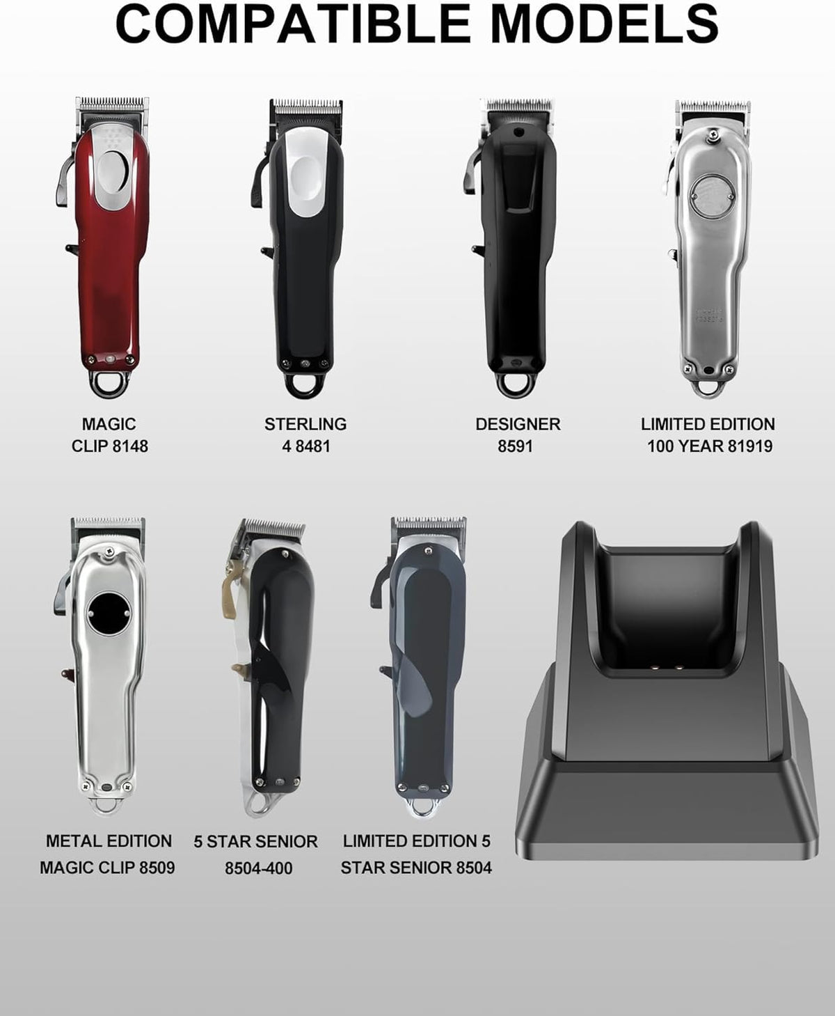 WUKUR Wahl charging stand, side view, compact design for small spaces