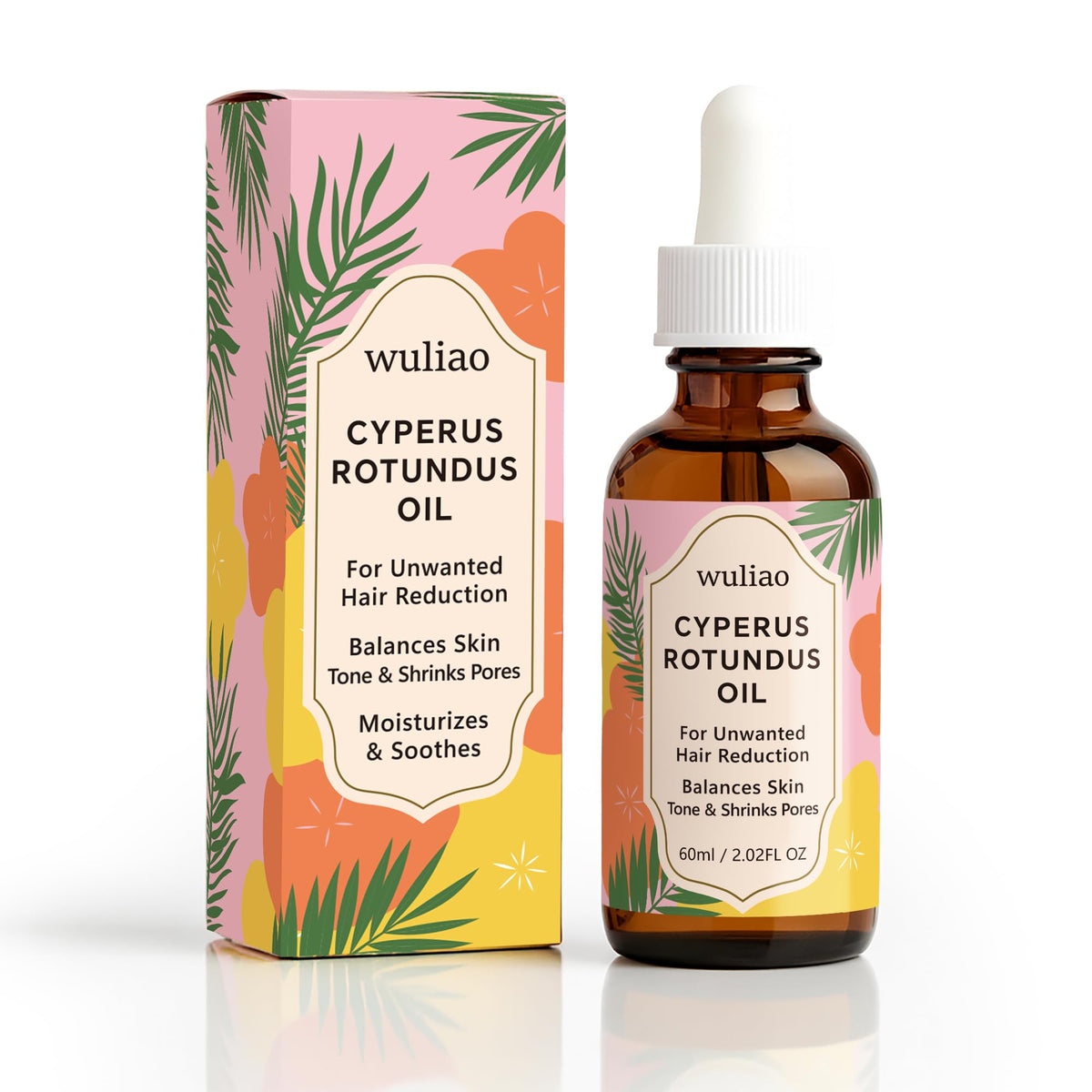 Wuliao Cyperus Rotundus Oil bottle pour for quick absorption and smooth skin.