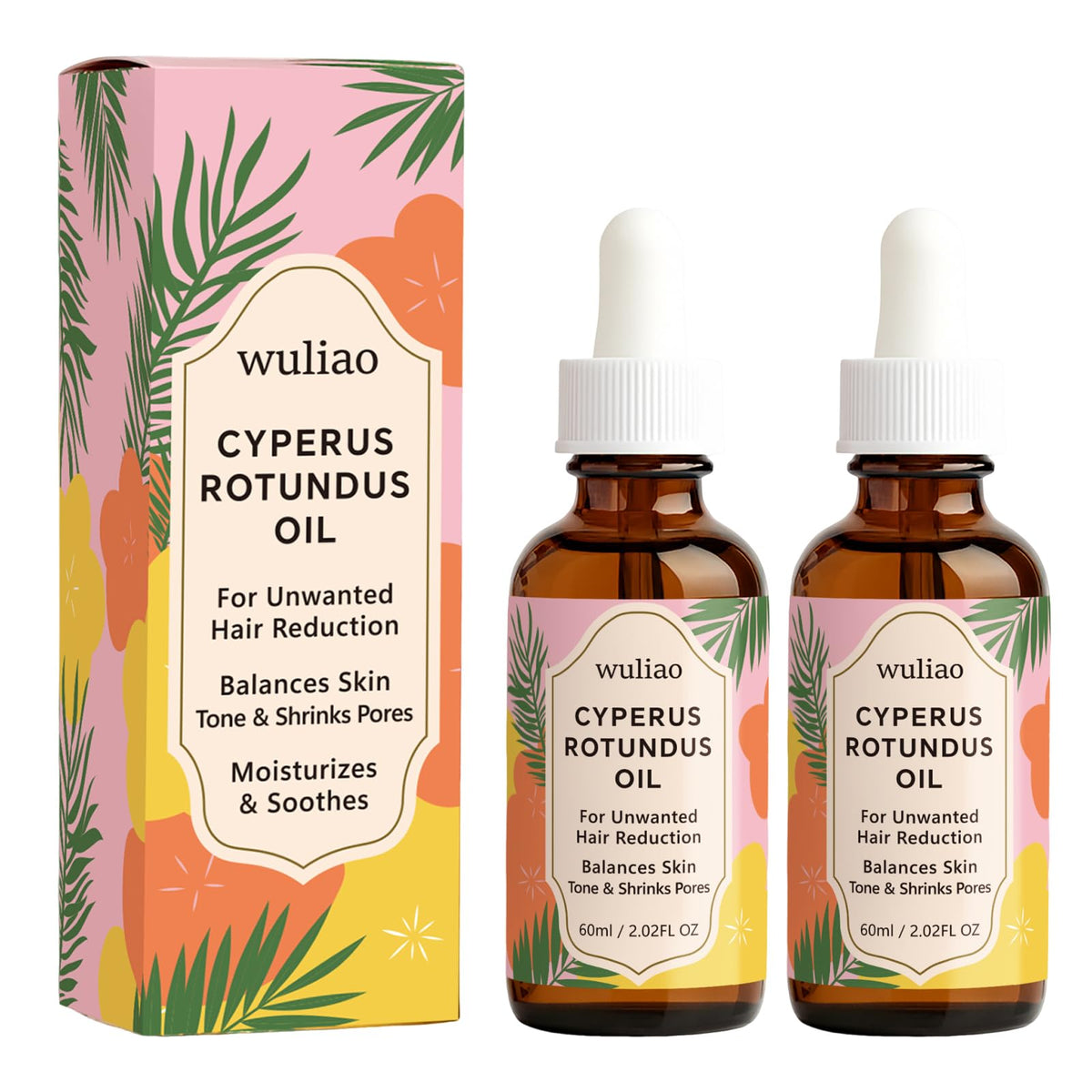 Wuliao Cyperus Rotundus oil bottle highlights organic, gentle daily care for sensitive skin.