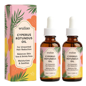 Wuliao Cyperus Rotundus oil bottle highlights organic, gentle daily care for sensitive skin.