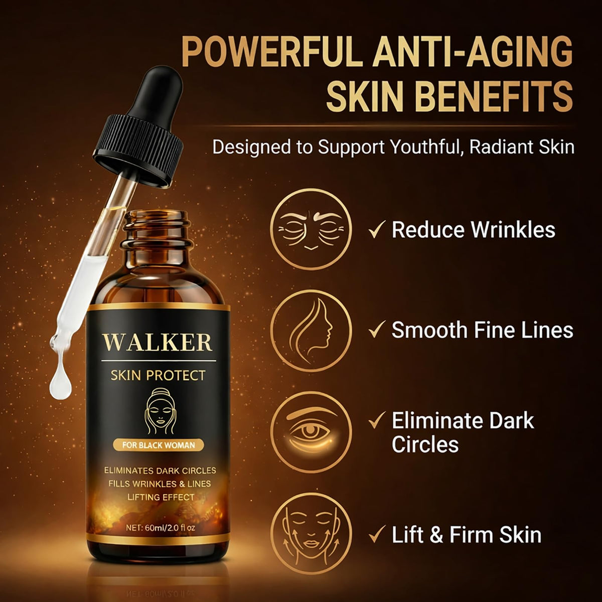 Wuliao Walker Skin Protect Serum back label highlights Barbados Cherry and Black Castor Oil benefits.