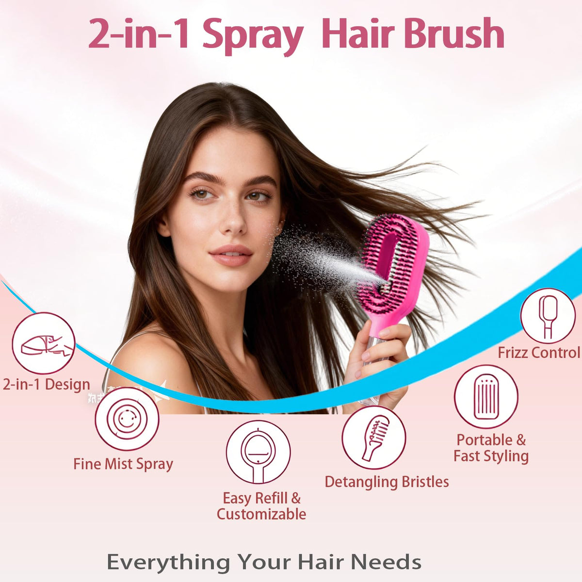 WWMovaRift rose pink 2-in-1 detangling tool delivers a fine mist for easier detangling.