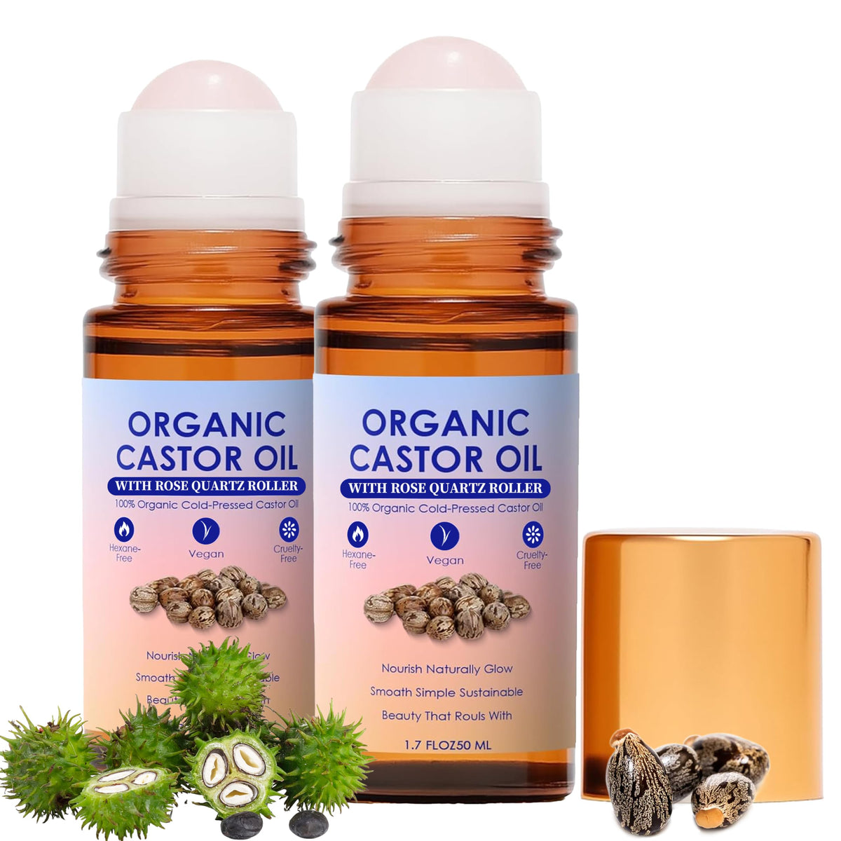 WXZTC castor oil roll-on packaging with rose quartz roller for convenient skincare
