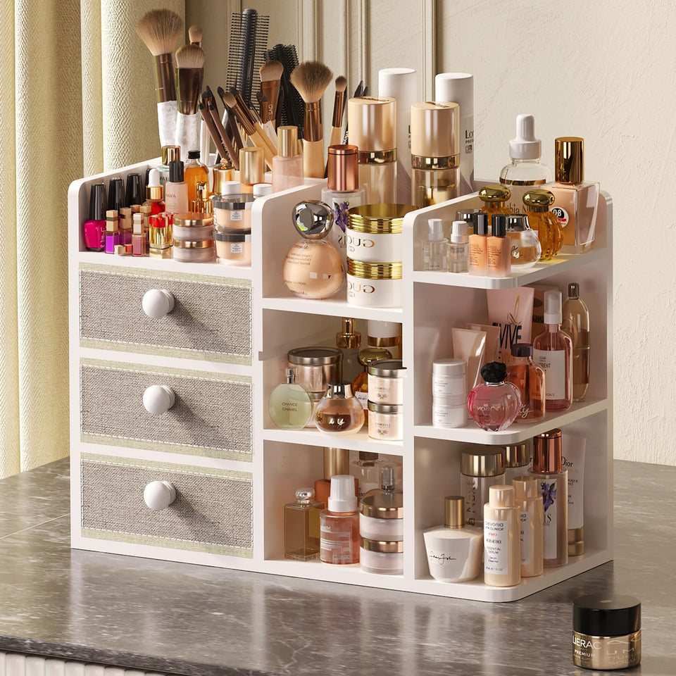 X-cosrack bamboo makeup holder keeps everyday essentials neatly organized.