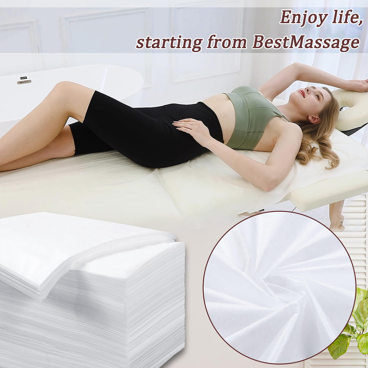 XATUMO non-woven spa bed cover shown as a hygienic surface for clients.