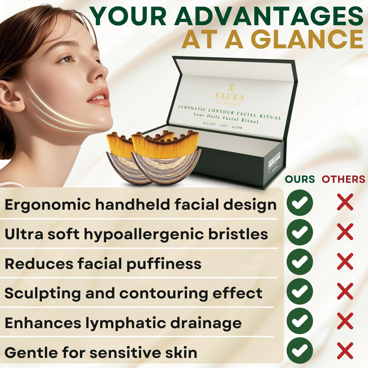 XAURA Dry brushing compatible with or without skincare products.