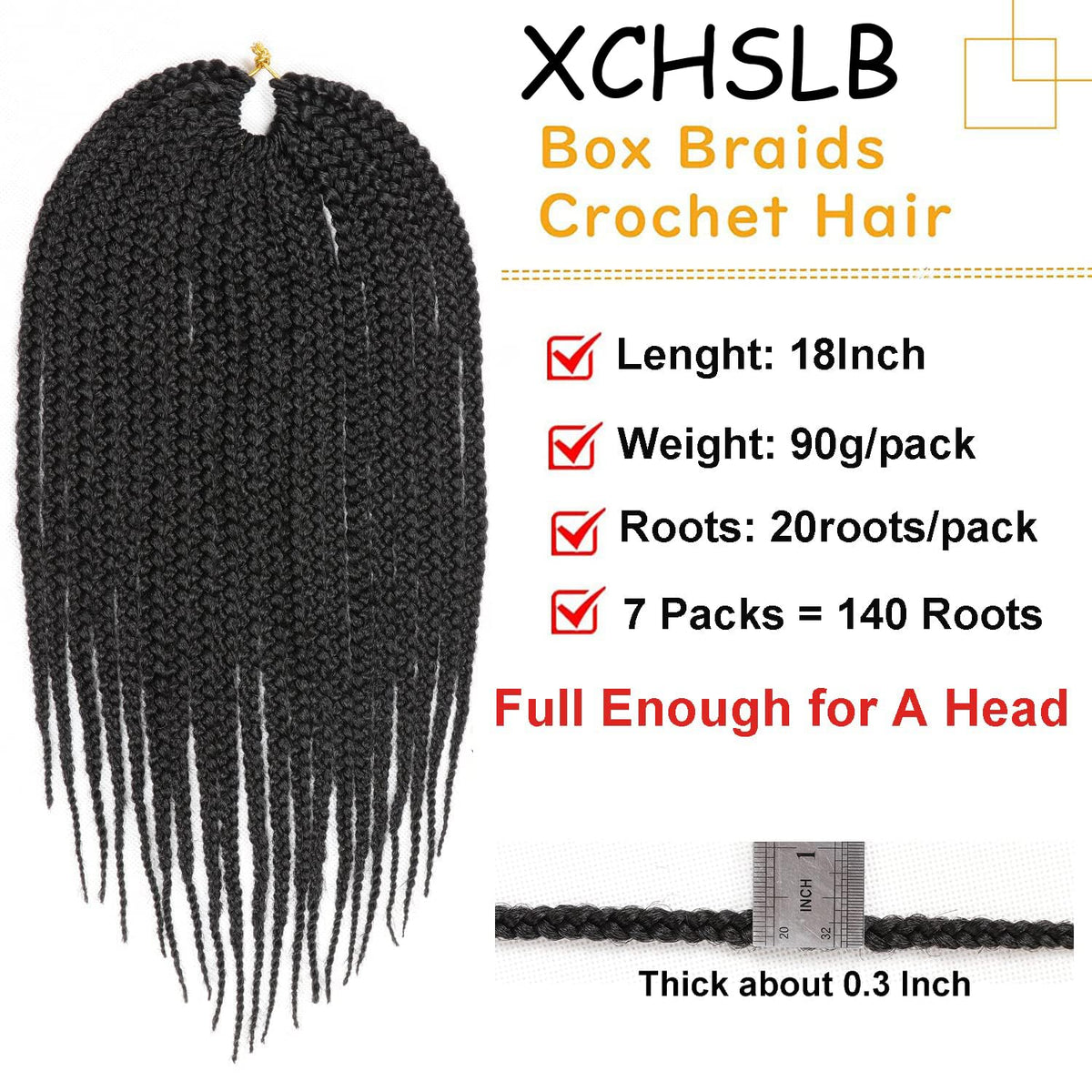 XCHSLB Goddess Box Braids 18in full-head view, elegant fullness for versatile daily looks.