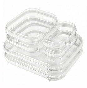 XCRUI clear hard shell 2L pouch showcasing roomy interior, ideal for cosmetics storage.