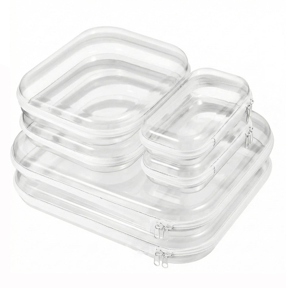 XCRUI clear hard shell 2L pouch showcasing roomy interior, ideal for cosmetics storage.
