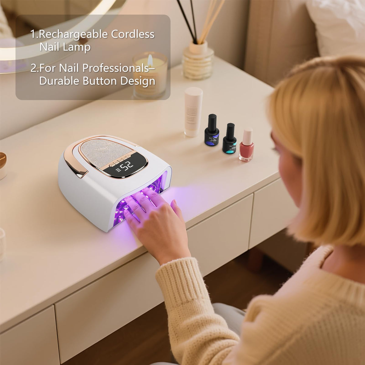 XCVPL 96W cordless nail lamp side profile for mobile nail artist setups