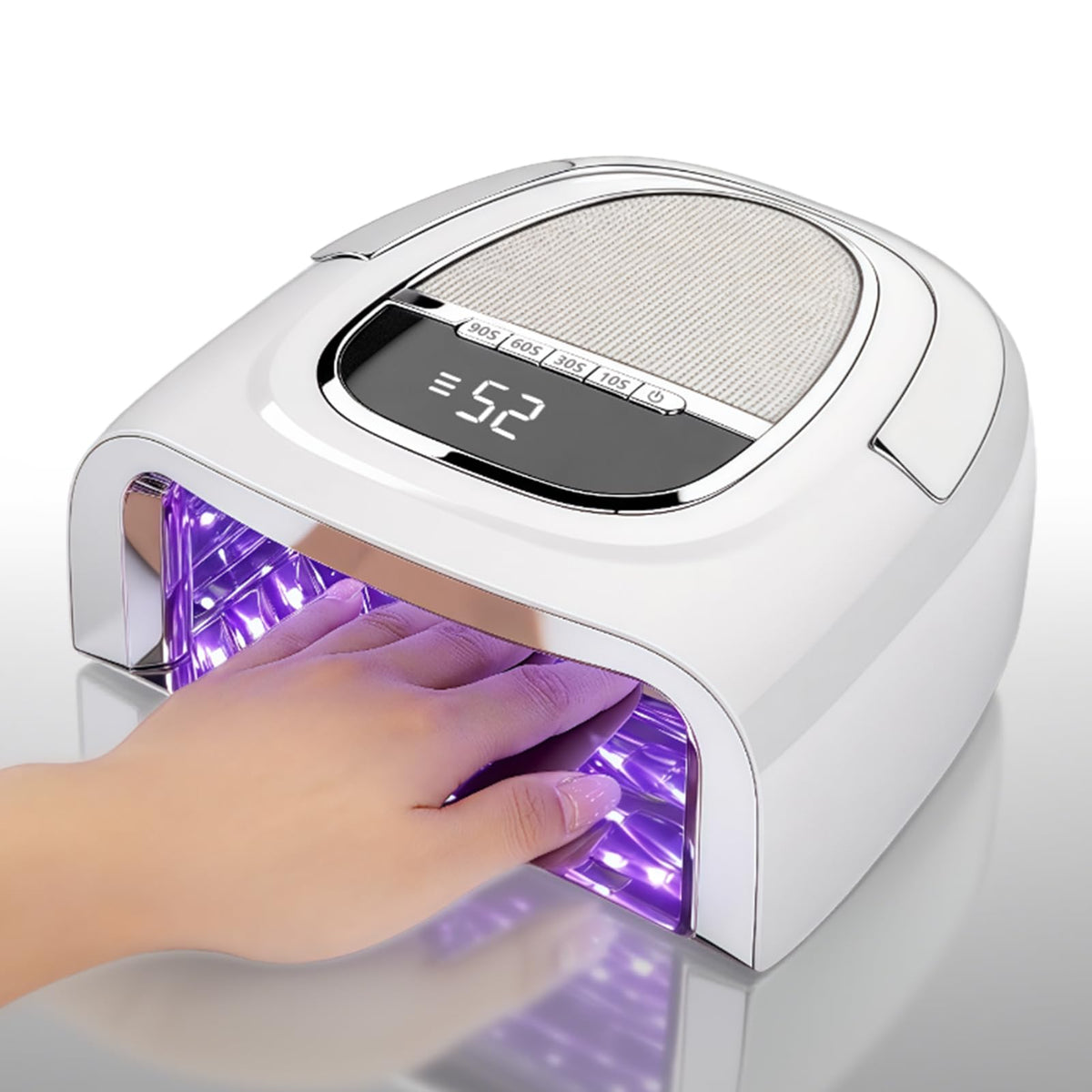 XCVPL 96W cordless nail lamp highlights portable design for on-the-go gel curing.
