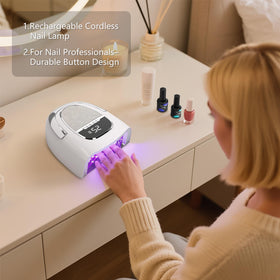 XCVPL cordless nail lamp shows rechargeable 15600mAh battery for extended sessions.