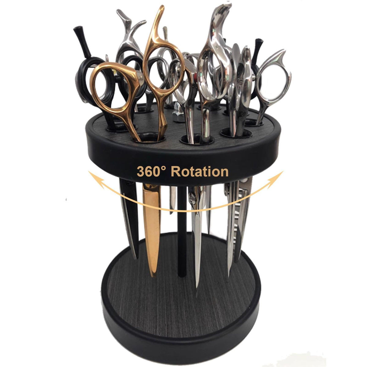 XDONEF rotating scissor holder in wood keeps tools within easy reach for organized salon work.
