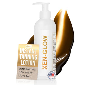 XEN-GLOW Dark Self Tanning Lotion bottle shows natural olive tone for fair skin