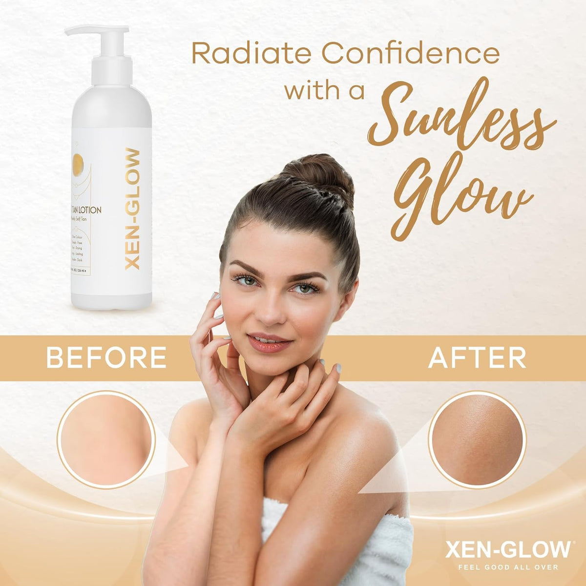 XEN-GLOW no-transfer formula shown preventing color transfer onto fabric