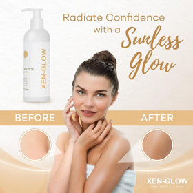 XEN-GLOW no-transfer formula shown preventing color transfer onto fabric