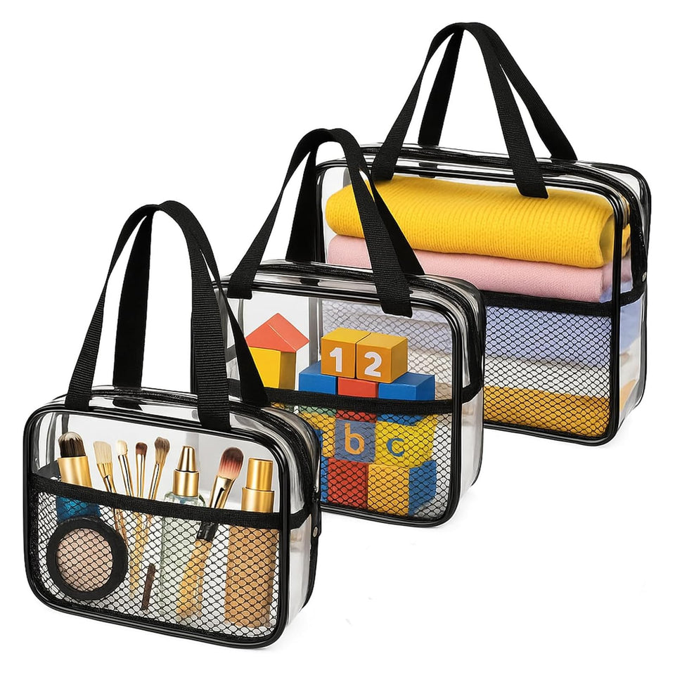 XEWEA large clear toiletry bag with handle, ideal for easy organization during travel.