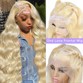 XIAPAY 613 lace front wig 28in blonde HD lace close-up showing shine.