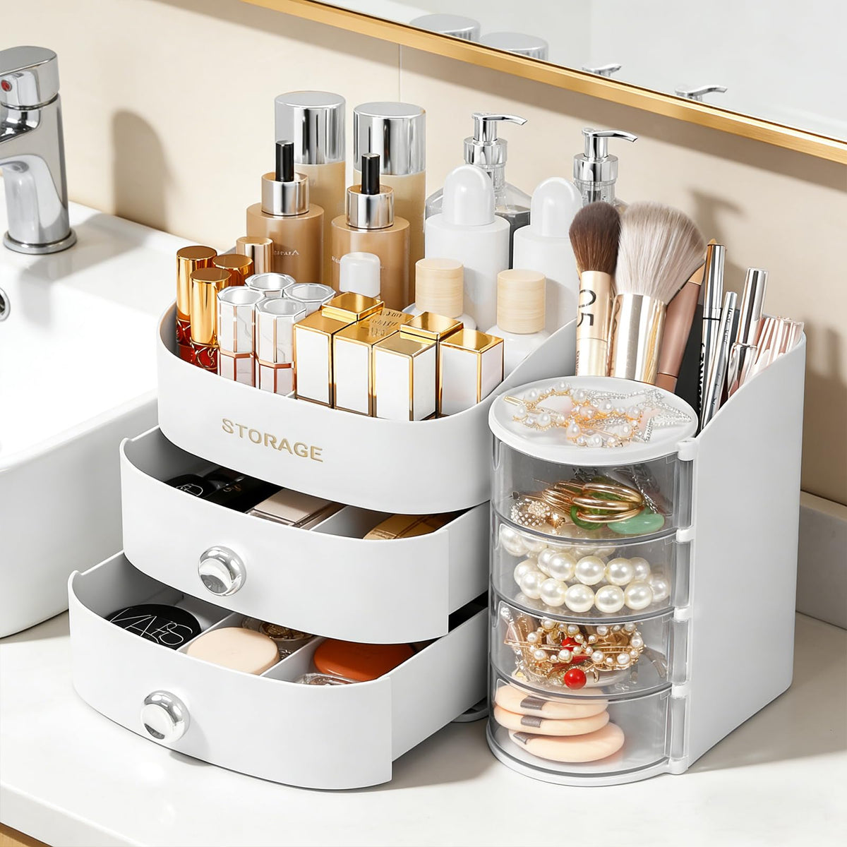 XIAPIA transparent rotating tower showcases rings, earrings, and lipsticks with a quick spin.