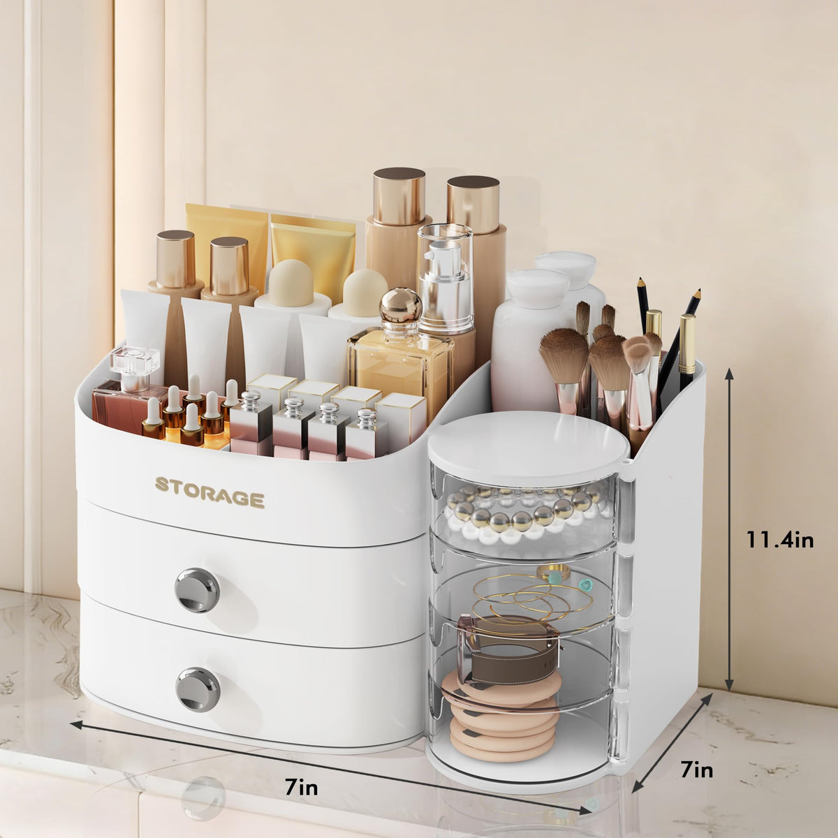 XIAPIA vanity storage keeps makeup and jewelry neatly organized on the dresser.
