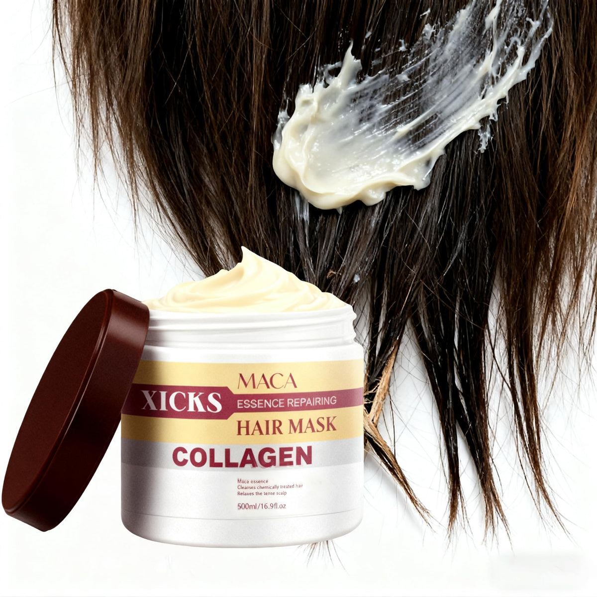Xicks hair mask application scene demonstrating 15–20 minute treatment for repair.