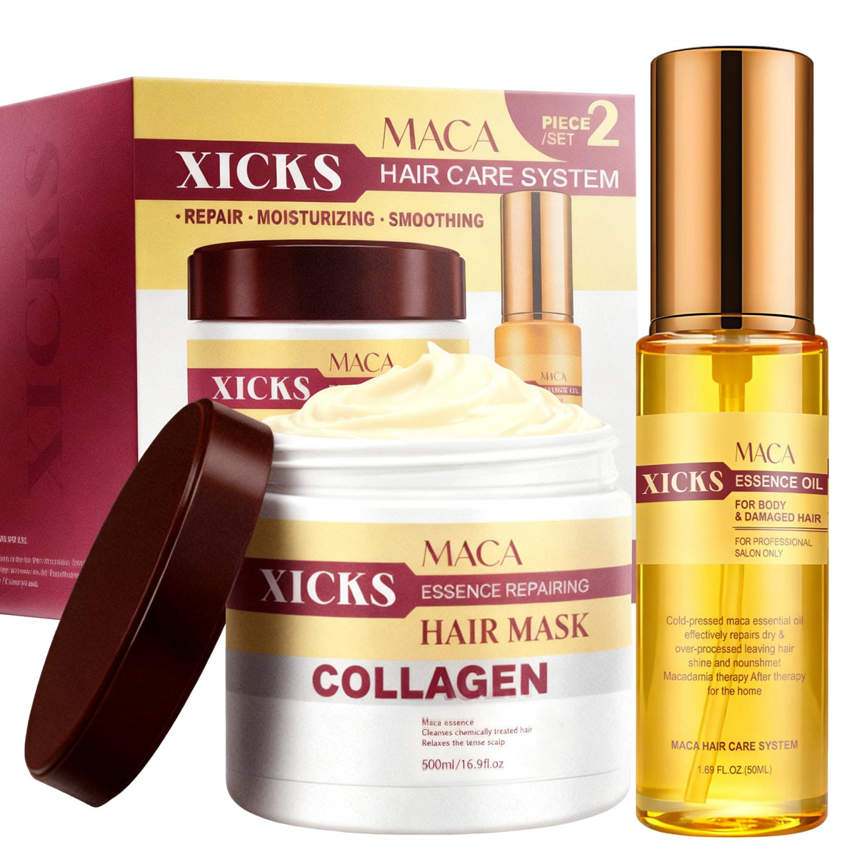 Xicks Maca Collagen Hair Mask bottle offers deep nourishment for dry, damaged hair.