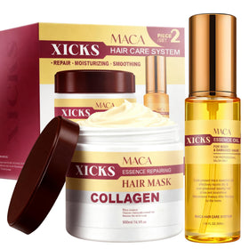 Xicks Maca Collagen Hair Mask bottle offers deep nourishment for dry, damaged hair.