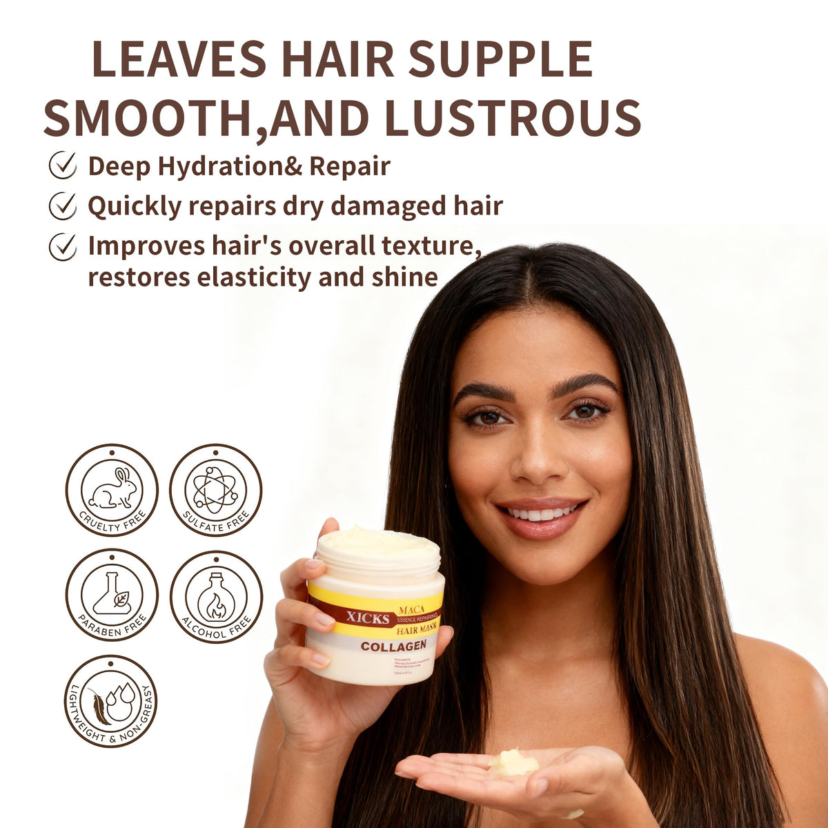 Close-up of Xicks Maca Collagen Hair Mask texture showing creamy, rich formula.