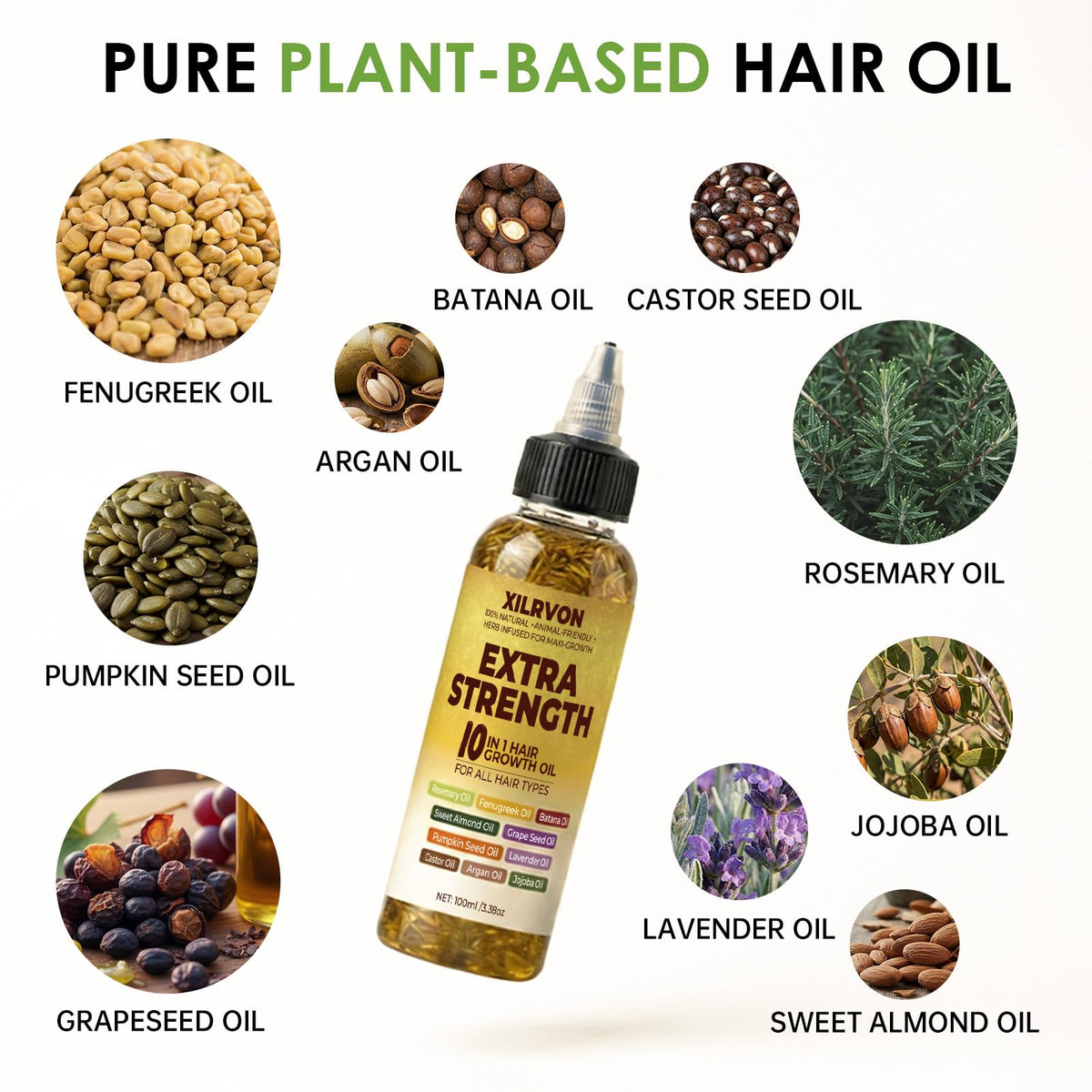 XILRVON castor and pumpkin seed oil base bottle showing deep scalp hydration.