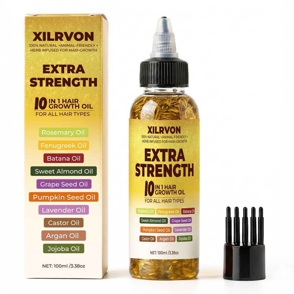 XILRVON herbal hair growth oil bottle for fuller-looking hair and scalp nourishment.