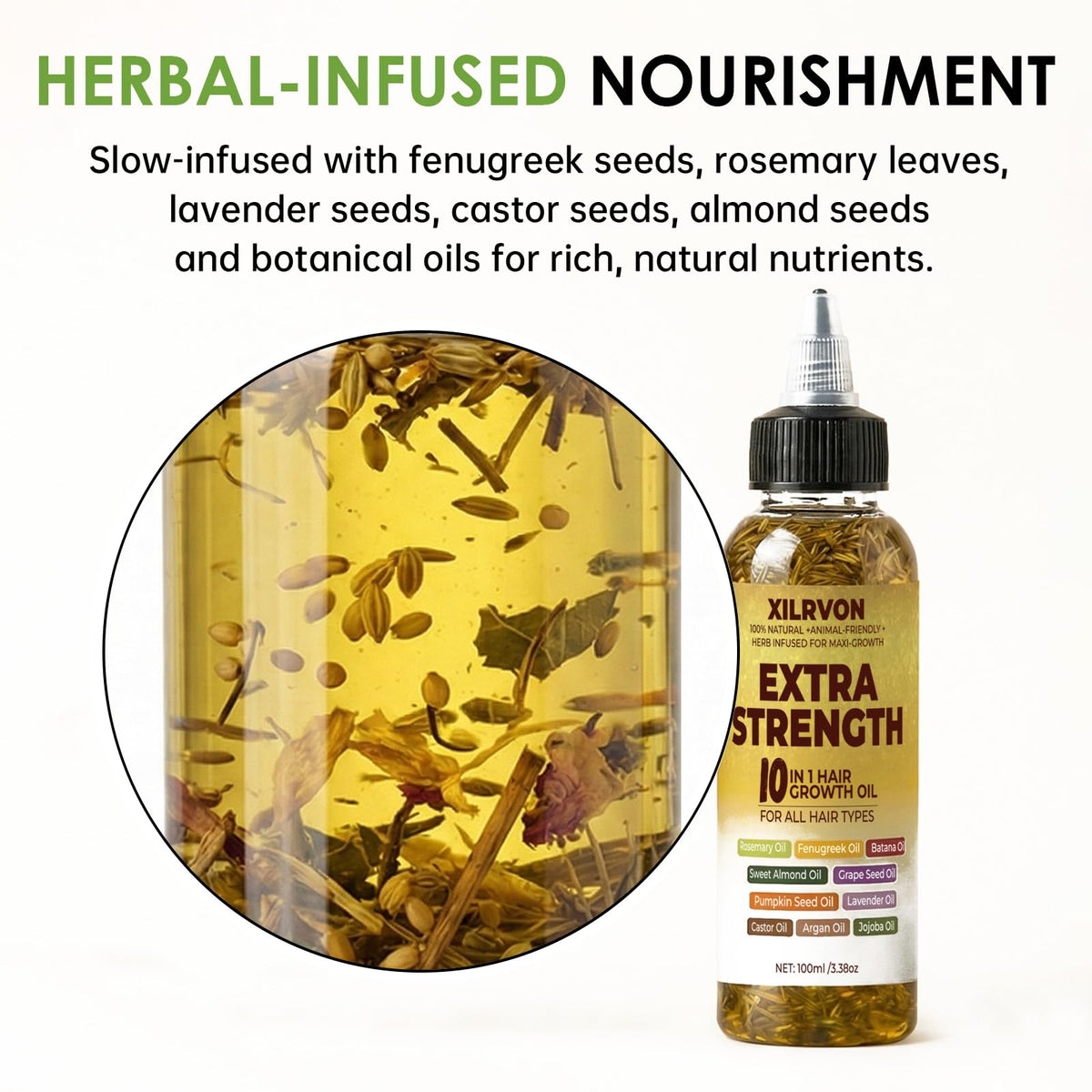 XILRVON rosemary and fenugreek infused oil highlighting root-strengthening properties.
