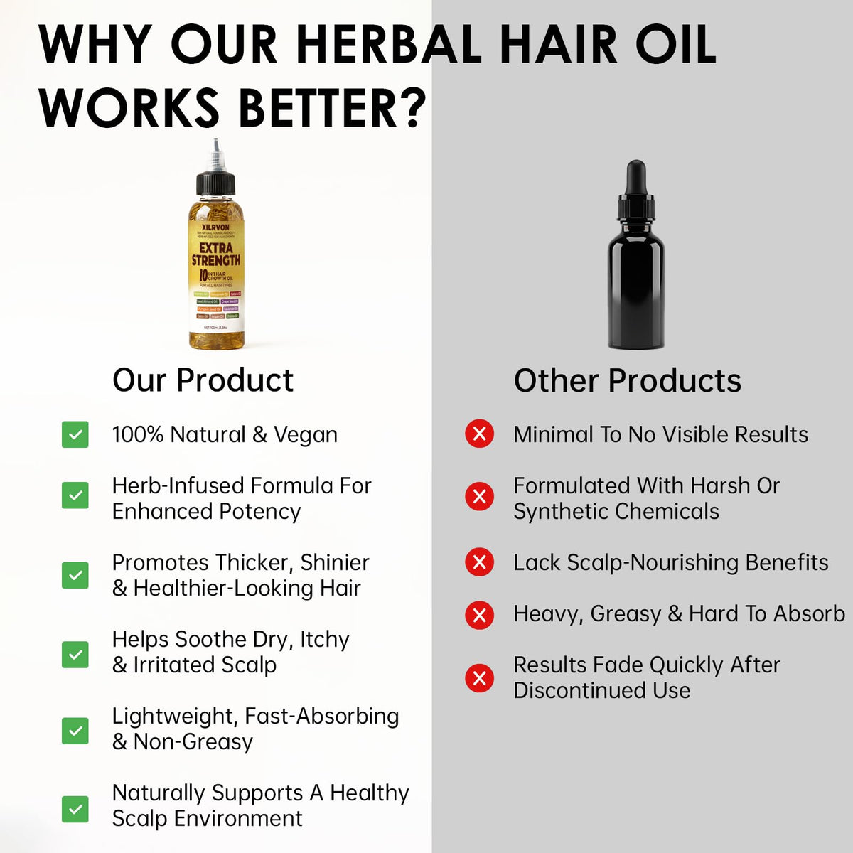 XILRVON vegan pure hair oil formula packaging conveys clean, plant-based care.