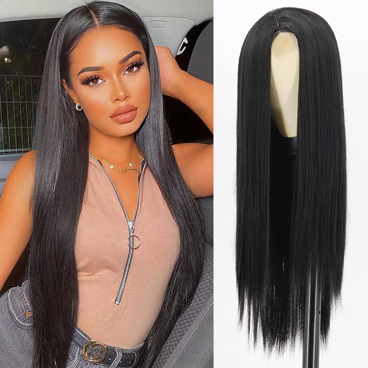 Xinran long straight black wig front view, natural length and shine for daily wear