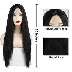 Xinran long straight black wig side view, versatile styling with secure fit