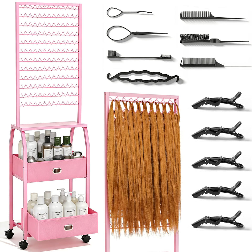 XINTUO portable braiding rack with wheels in pink, easy to move between stations