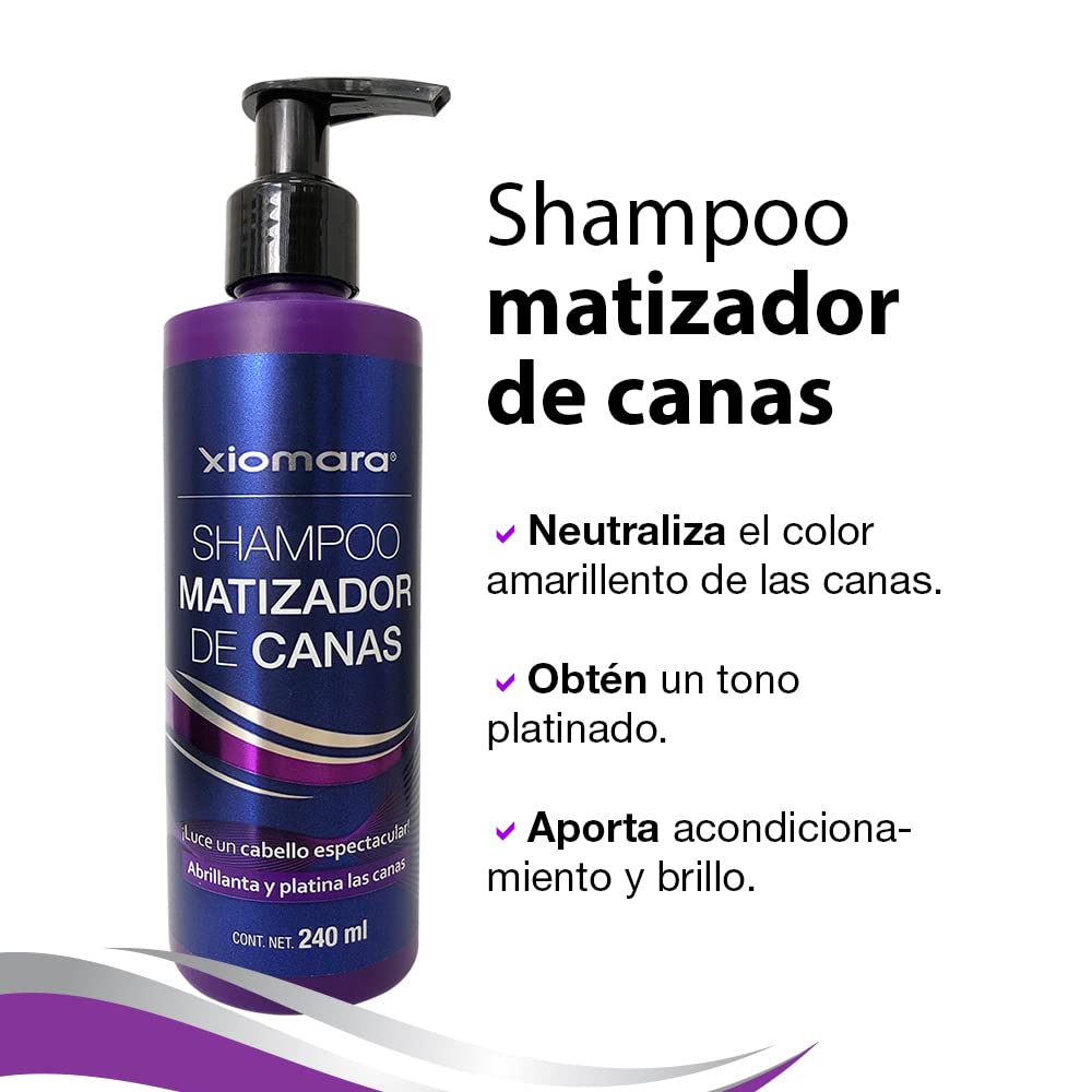 Xiomara gray hair shampoo bottle being dispensed from a pump for easy application