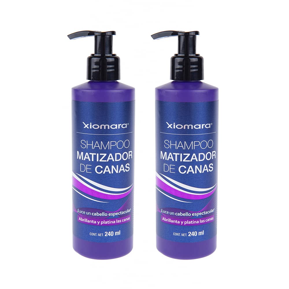 Xiomara gray toning shampoo two-pack bottles on display showing value and routine use