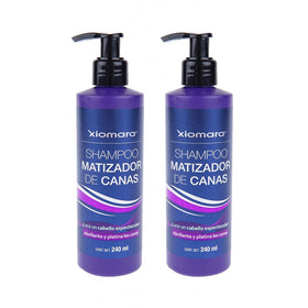 Xiomara gray toning shampoo two-pack bottles on display showing value and routine use