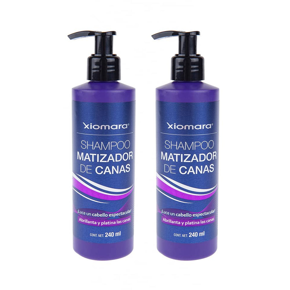 Xiomara gray toning shampoo two-pack bottles on display showing value and routine use