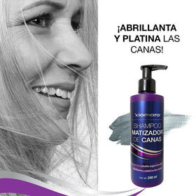 Xiomara purple toning bottle with smooth label promoting cool platinum gray tones
